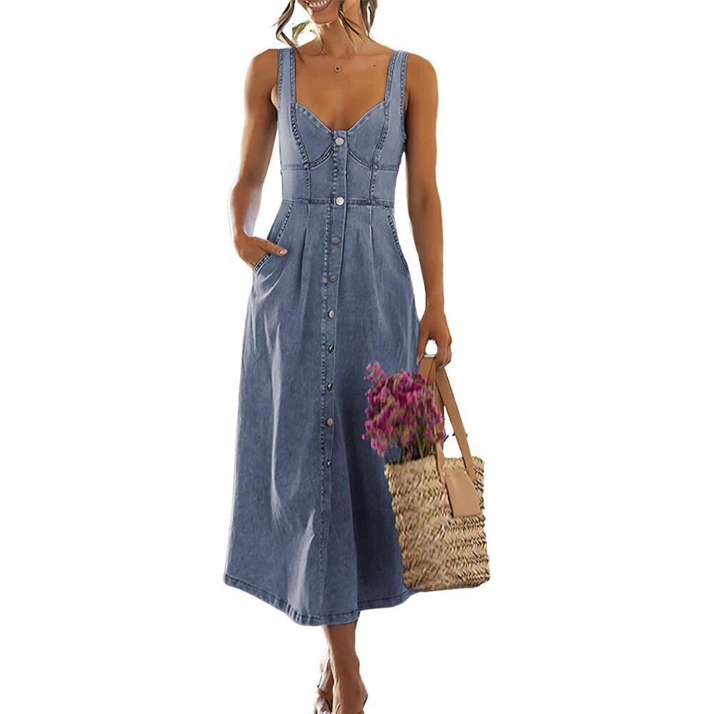 Stretchy Smocked Denim Dress Women Sleeveless Button Down Midi Casual - Picture 1 of 7
